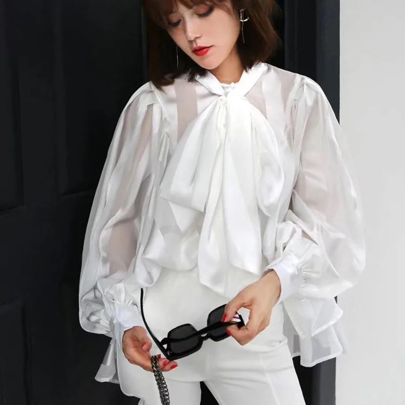 

Chiffon Bowknot White Women's Shirts Bow Collar Lantern Long Sleeve Shirt Blouse Female 2019 Autumn Fashion New