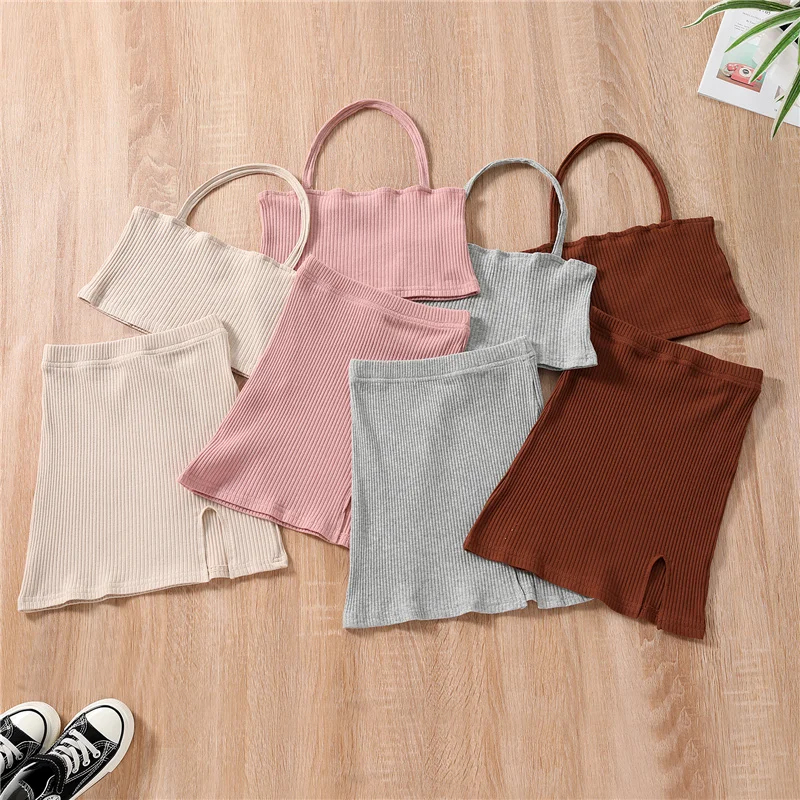 Fashion 2Pcs Kids Summer Outfit, Solid Color Ribbed Halter Neck Sleeveless Crop Tops + Short Slit Skirt for Girls, 2-7 Years