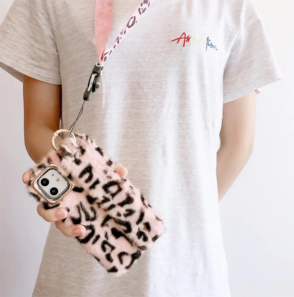 

For Apple iPhone 11 Pro XS Max XR X 8 7 6 6S Plus Fashion Wristband Lanyard Comfort Plush Solid Phone Case Leopard Back Cover