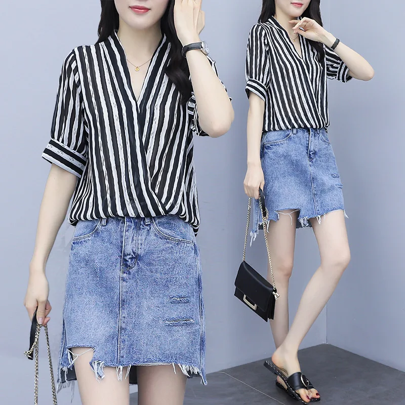 

2019 Summer New Style Large Size Dress Fat MMV Collar Elegant Vertical Striped Chiffon Shirt Denim Skirt Two-Piece Set