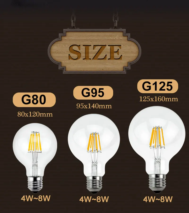 Светодиодный светильник E27, ретро лампы, 220 В, 240 в, светодиодный светильник накаливания G80, G95, G125, стеклянный шар, Bombillas, светодиодный светильник Эдисона в форме свечи, 4 Вт, 6 Вт, 8 Вт