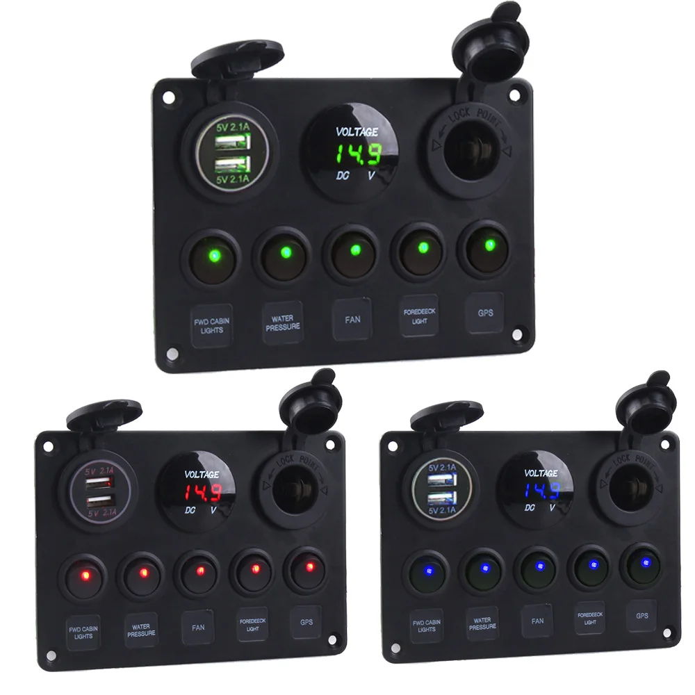 Interruptor de palanca LED para coche, voltímetro Digital, doble puerto USB, 12V de salida, combinación impermeable, para barco marino