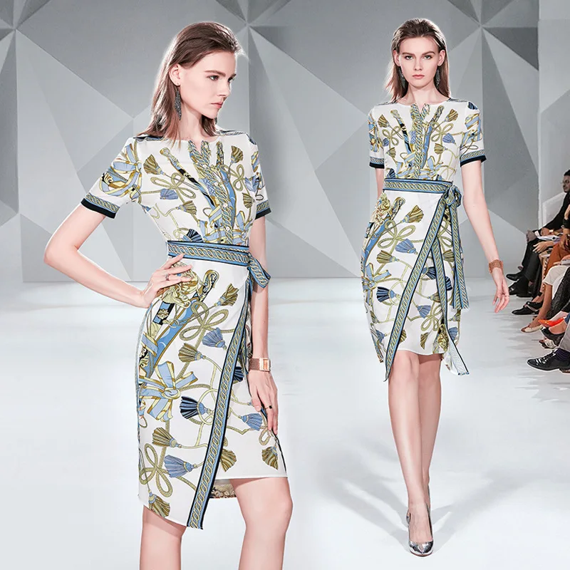 

Europe And America High-End Elegant Printed Color Dress Waist Hugging Lace-up Slimming Young-Style Skirt