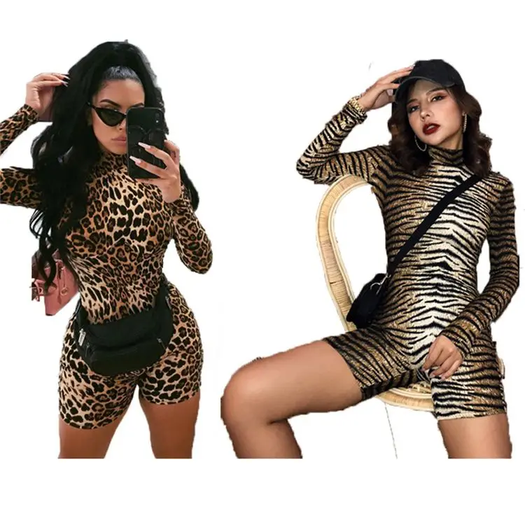 

Rompers Womens Sexy Turtleneck Long Sleeve Tiger Stripe Leopard Print Bodycon Jumpsuit Romper Bodycon