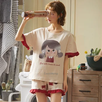 

Short Pyjamas Women 100% Cotton Short Sleeves Ladies Pajama Sets Cartoon Sleepwear Night Set Women Homewear Causal Pyjama Femme
