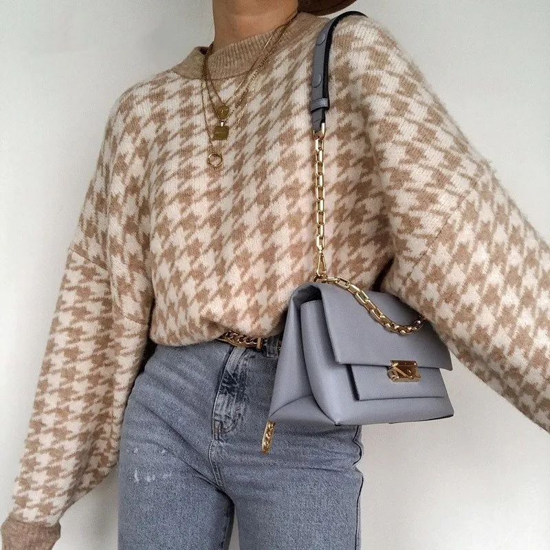 

2020 Geometric Khaki Knitted Sweater Women Casual Houndstooth Pullover Sweater Female Autumn Winter Retro Jumpers Top Clothing