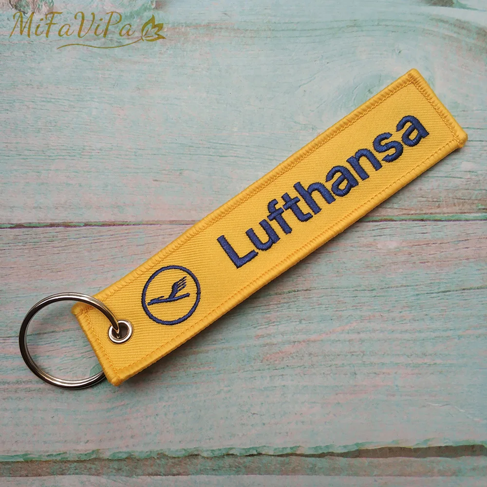 MiFaViPa 1PC Yellow Lufthansa Keychain Fashion Trinket Strap Embroidery  Aviation Key Chain for Men Gift Flight Crew Luggage Tag