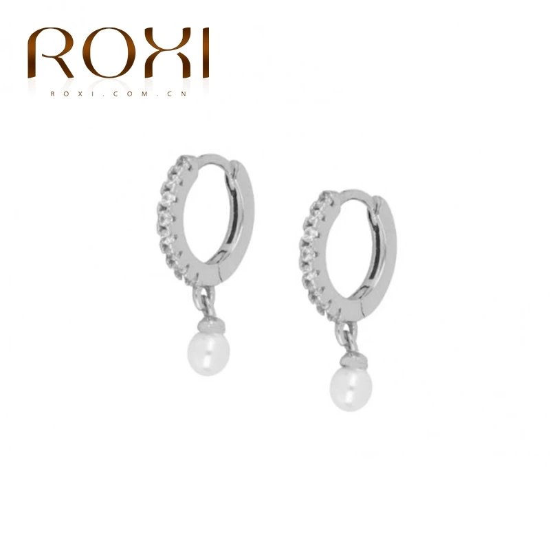 ROXI 925 Sterling Silver Pearl Pendientes Drop Earrings for Women Brincos Hoop Round Zircon Crystal Jewelry Kolczyki Earing