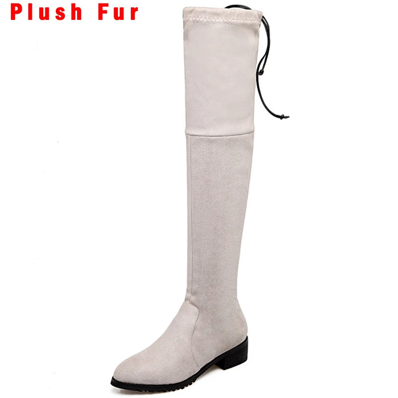 Light Grey-Fur Haoshen& Girl/женские Зимние Замшевые Сапоги выше колена высокие сапоги на низком каблуке теплые тонкие высокие сапоги с круглым носком размер 33-46 - Цвет: Light Grey-Fur