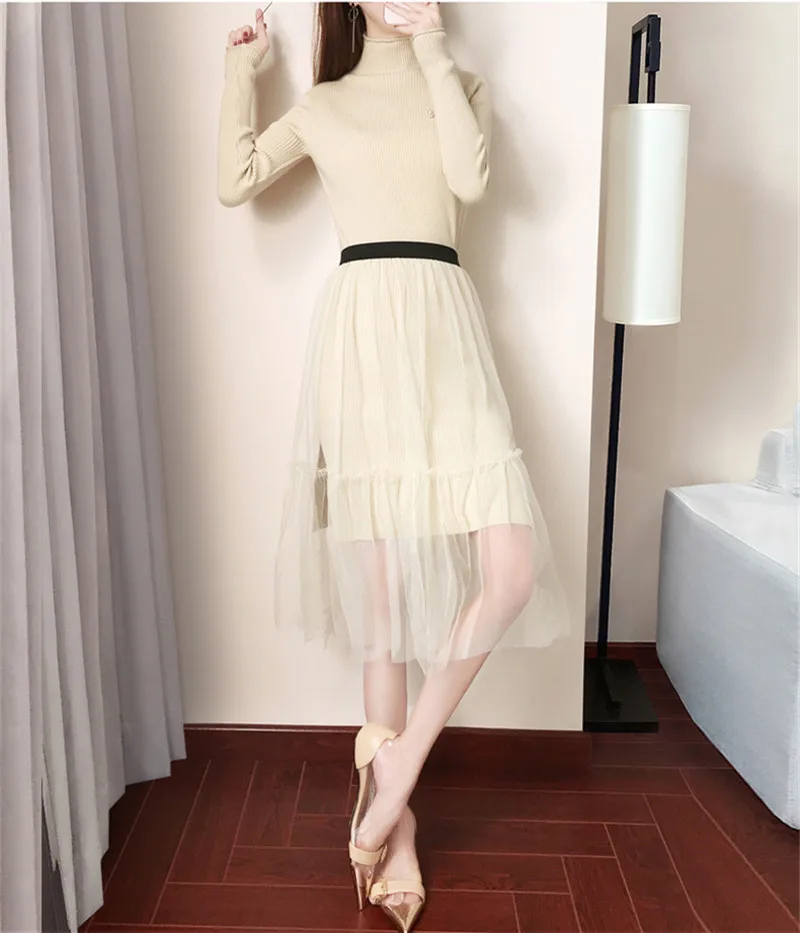 

Knitted Fashion 2020 Sweater Dress Women A-Line Autumn Winter Mesh Elegant Dresses Turtleneck Slim Long Sweaters WXF683 es s