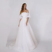 

Simple Elegant A Line Wedding Dresses 2021 Vintage Off Shoulder Backless Boat Neck Sweep Train Illusion Tulle Custom Made Bride
