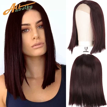 

Allaosify Dark red Color Synthetic Hair Lace Front Wigs Brazilian Straight Bob Lace Frontal Wig For Women Remy Princess Hair Wig