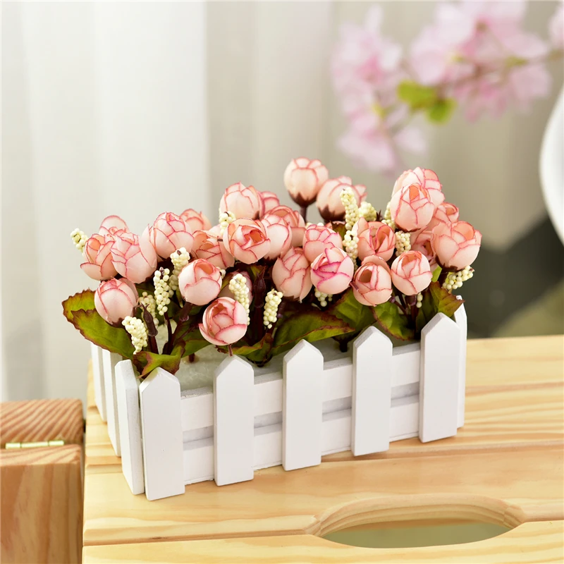 

Wedding Decor Artificial Tea Rose Simulation Artificial Flowers Small Potted Plant Fake Rose Set With White Picket Fence