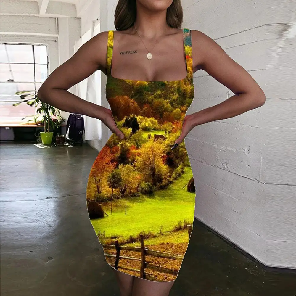 

KYKU Landscape Dress Women Tree 3d Print Forest Halter Sleeveless Harajuku Ladies Dresses Womens Clothing Mini Evening Beach