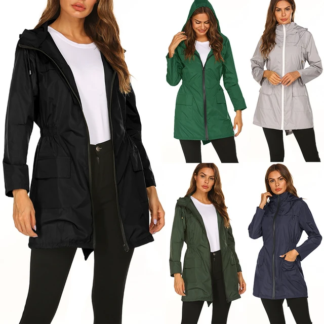 Acheter Femmes solide pluie extérieur grande taille imperméable à capuche  coupe-vent longue veste manteau