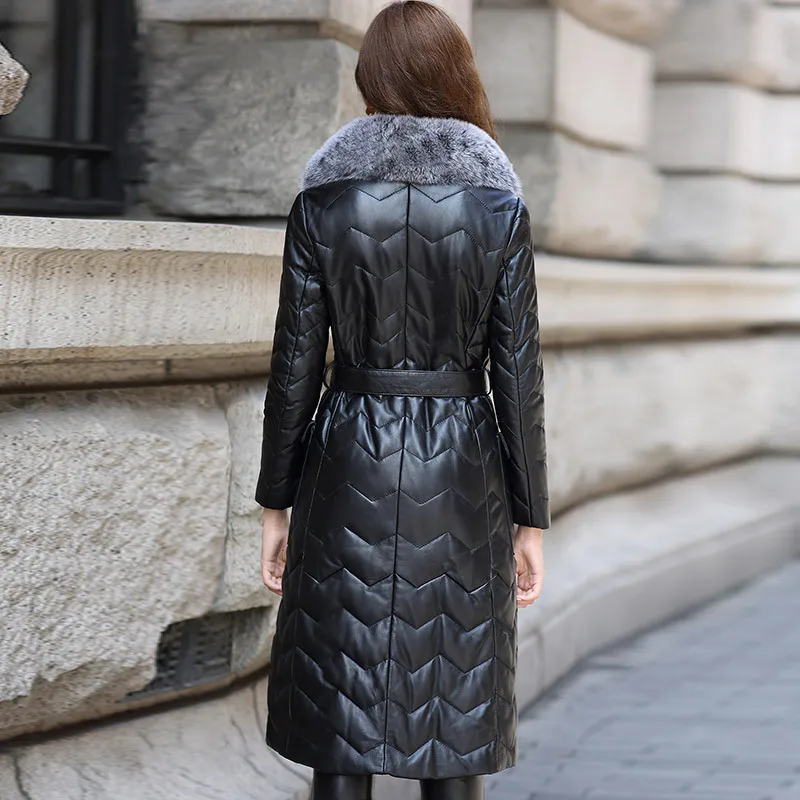 

Women's Real Leather Jacket Winter Sheepskin Down Jacket Fox Fur Collar long Ladies Geniuin Leather Jackets 2020 HQ17-ZYZ1002B