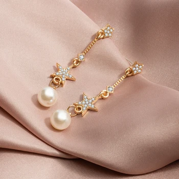 

New Korean Simple Pearl Metal Long Drop Earrings for Women Geometric Crystal Star Gold Earing 2020 Fashion Brincos Party Jewelry