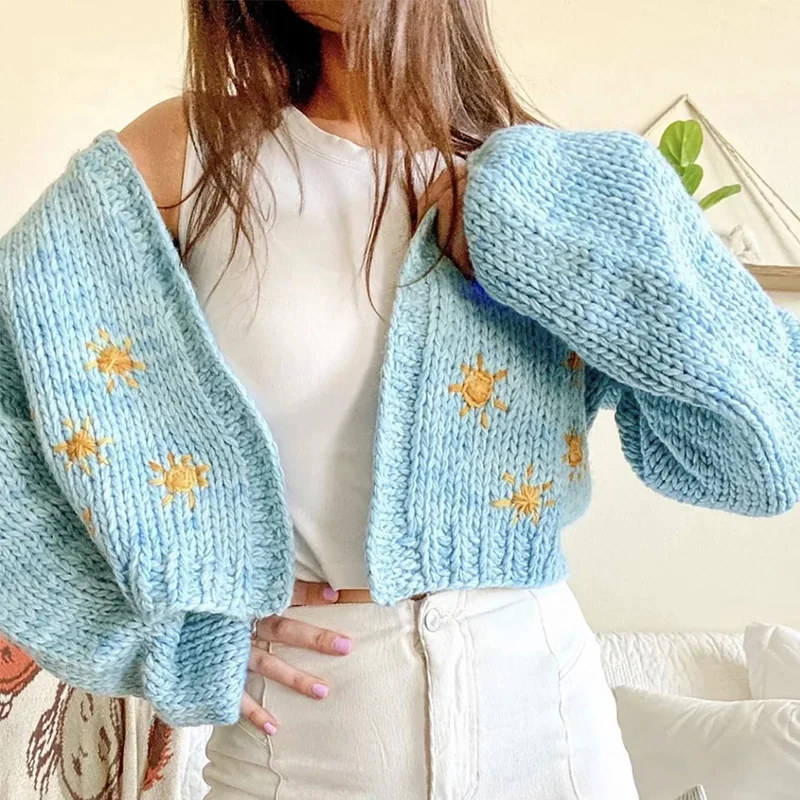 

Women's Cardigan Sweater Cropped Jumpers Autumn Female Crop Top Knit Jacket 2020 with Hook Flower Knitwear Chic Coat Long Sleeve