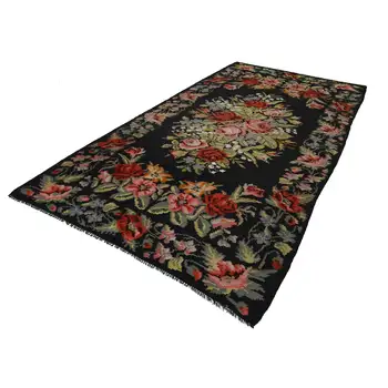 

210x426 Cm Black Handmade Rose Rug Runner Rug-7x14 Ft