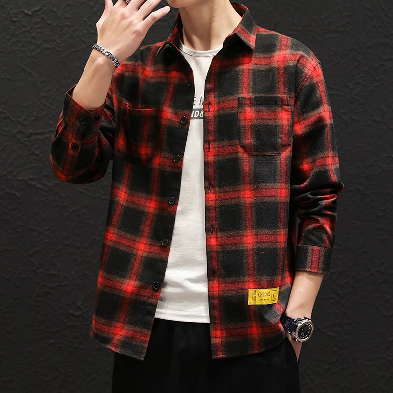 Men's Shadow Check Shirt with Double Pockets Regular Brushed Flannel Cut Long Sleeve Plaid Blouse | Мужская одежда