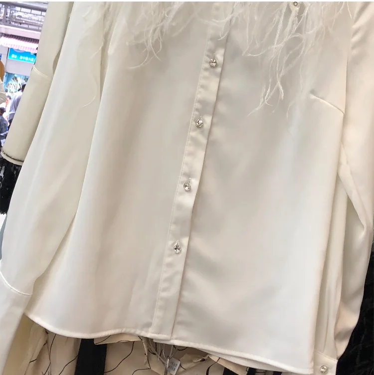 Feather Diamond Blouse Women White Black Shirt Autumn Temperament Socialite Ostrich Hair Long Sleeve Shirt FemaleOL Blusa Blusas