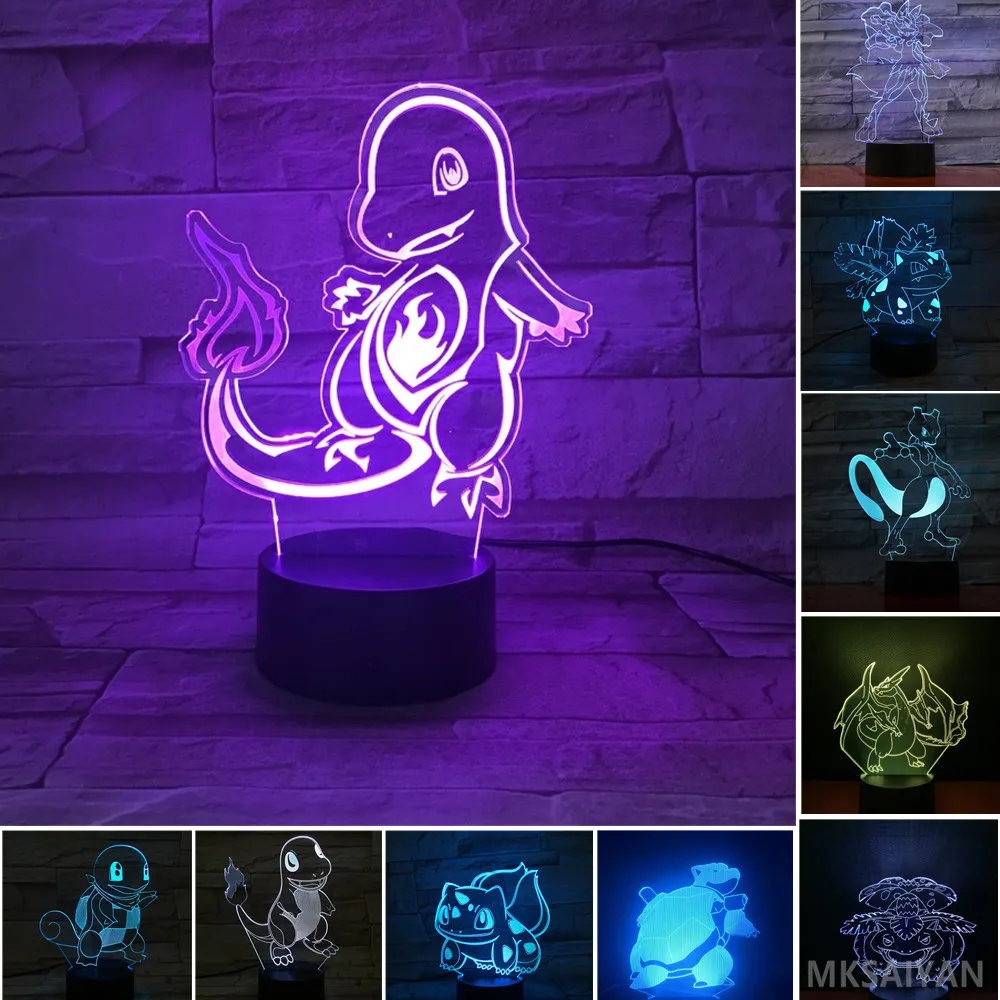 Pokemon Anime 3d LED Night Lights Bulbasaur Charizard Squirtle Mewtu Color Changing Action Figure Decor Home Figma Doll Gift Toy