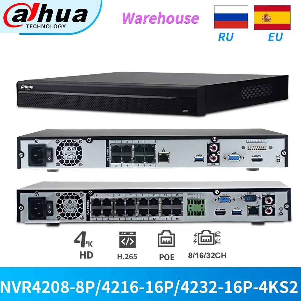 Dahua-Grabadora PoE NVR 4K, 8MP, 8CH, NVR4208-8P-4KS2, 16CH, NVR4216-16P-4KS2, 32CH, NVR4232-16P-4KS2 para cámara IP, videovigilancia, seguridad Onvif