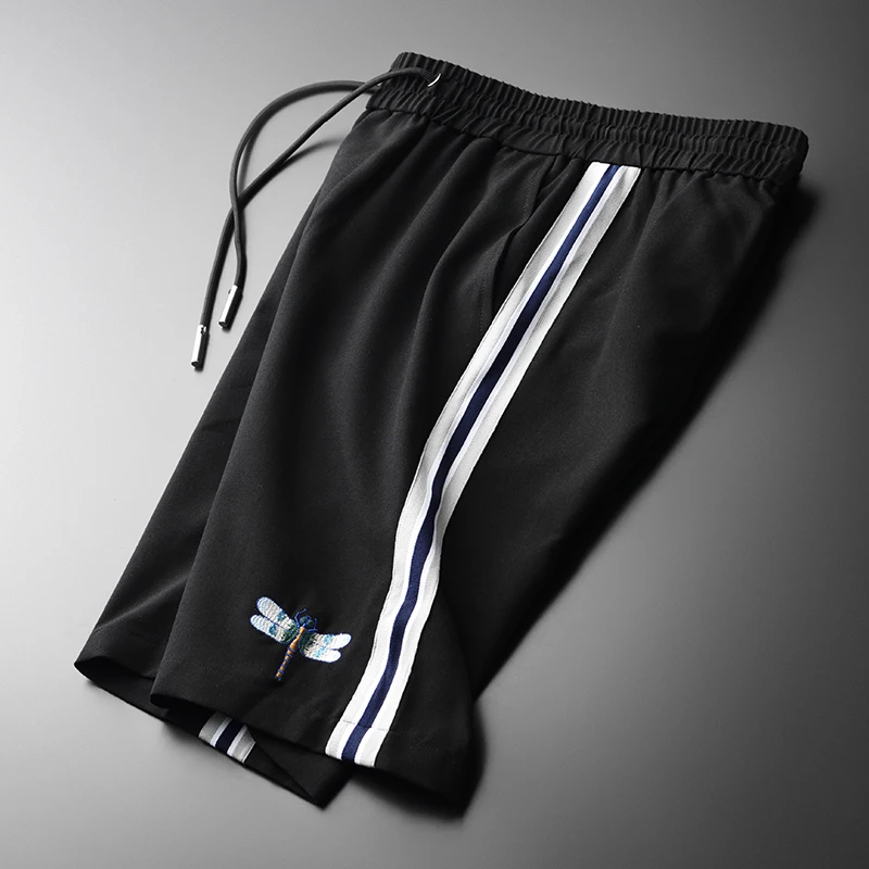 Minglu, летние мужские шорты, роскошные, с вышивкой стрекозы, эластичный пояс, мужские шорты размера плюс 4xl, черные, одноцветные, мужские брюки