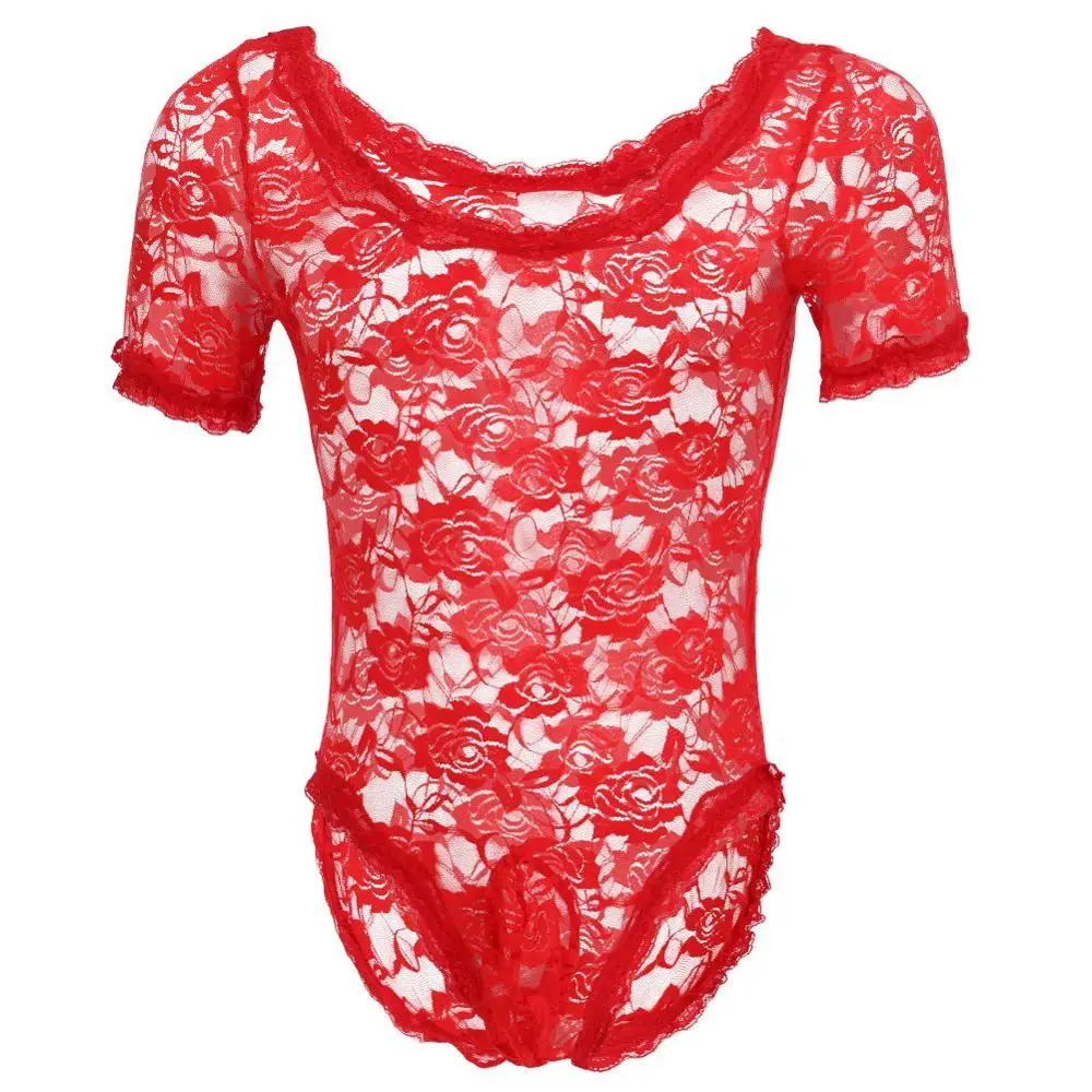 Men Sissy Bodysuit Sexy Hallow Lace High Cut One-piece Bodysuit Nightwear Sleepwear Men Panties Leotard Underwear Net Lingeries - Цвет: Red