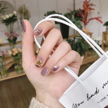 

24Pcs/boxed Red Bean Paste Purple Round head Short press on nails with designs Diamond Wearable Full Cover Fake Nails with Glue