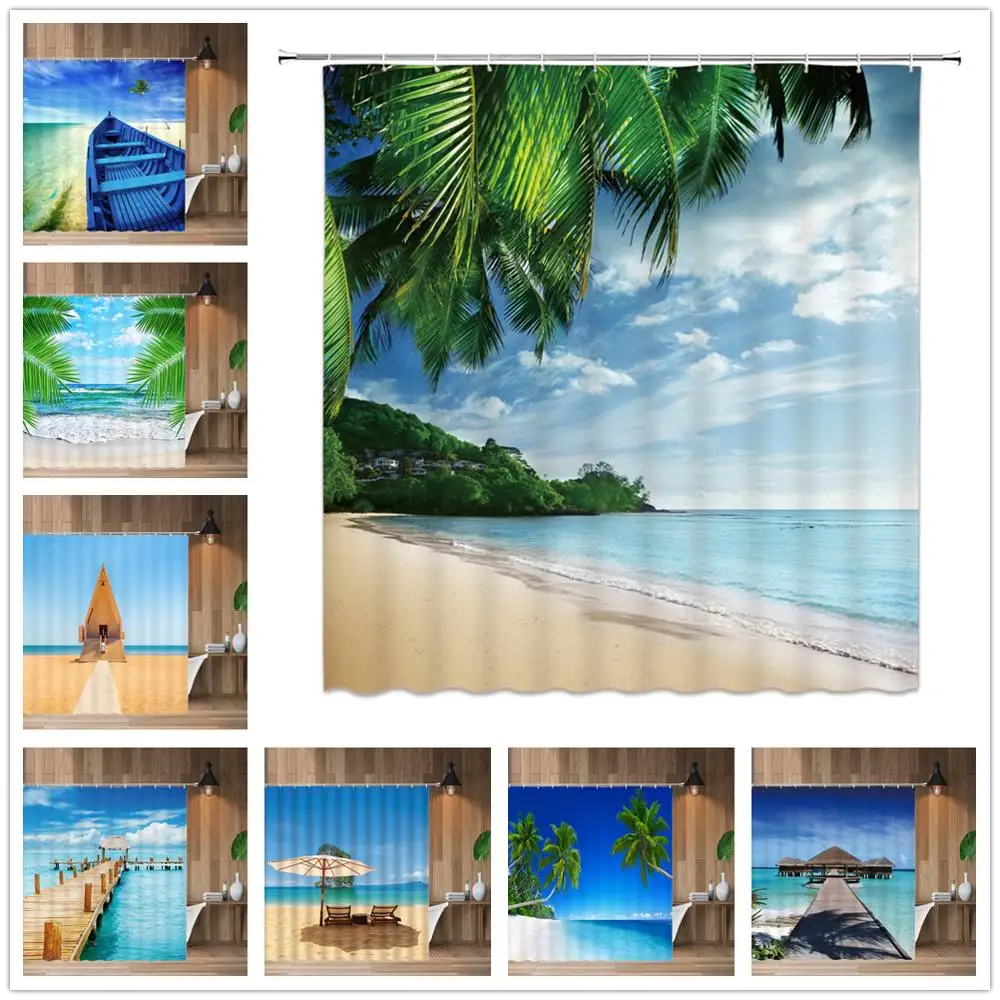 

Sea View Beach Sea Surf coconut Landscape Shower Curtains Bathroom Curtain Waterproof Polyester Cloth With Hook Bath Home Decor