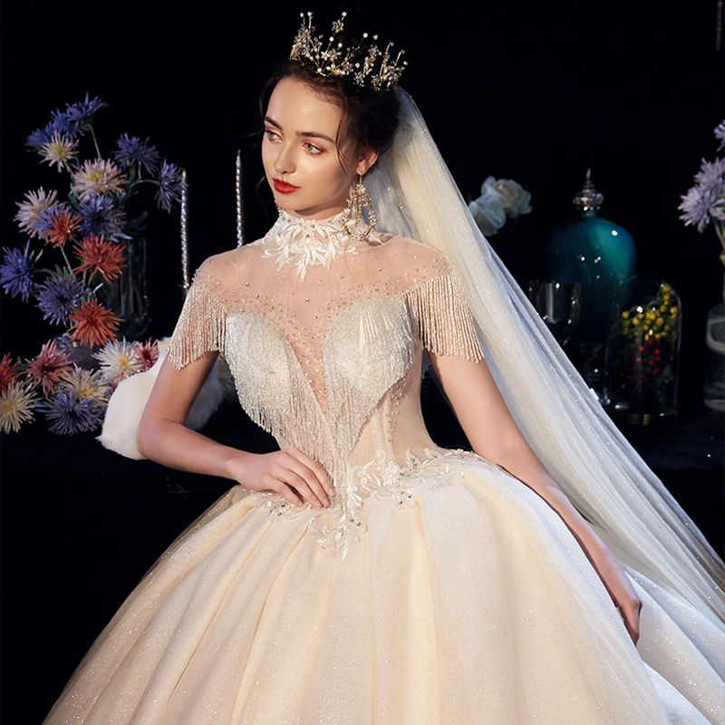 Vivian's Bridal блестящая вуаль свадебное платье кружева с высоким воротником, со стразами Иллюзия сетки Бисероплетение кисточкой Принцесса фантазия Свадебное бальное платье
