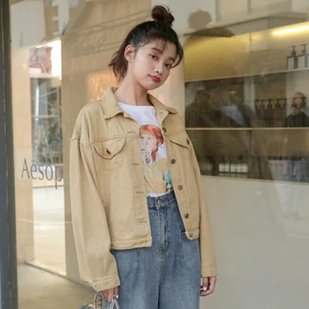 

Vintage Women Khaki Denim Jacket 2020 Spring Autumn Femme White Jeans Jacket Korean Style Short Jean Jackets and Coats Outerwear