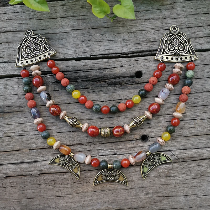 

Ethnic Necklace 10mm Stone Beads,Red Onyx,Ceramic Bead,Moon Pendant,Unique Ethnic Jewelry,Bronze Ethnic Set Jewelry Gift For You
