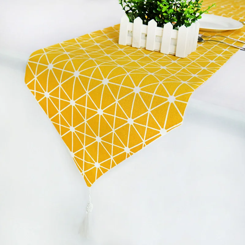 

Table Runner Modern Lemon yellow With Tassel Linen+Cotton Fabric Table Top Decoration Home For Home Wedding Christmas Party