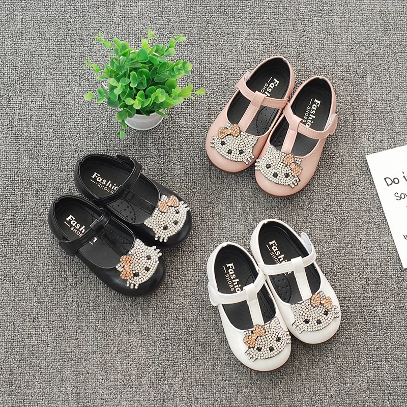 

2019 New Products CHILDREN'S Shoes Spring And Autumn Adorable Cat Head Children Closed-toe Leather Shoes Fashion Cartoon Diamond