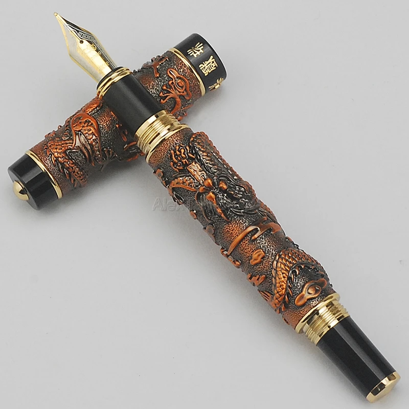 Jinhao Ancient Fountain Pen Double Dragon Playing Pearl Metal Carving Embossing Heavy Pen Red Copper For Writing Stationery