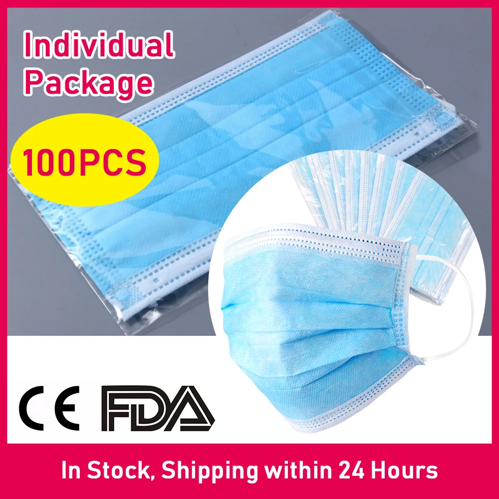 

100PCS Disposable Profession Protective Mask 3-Ply Nonwoven Facial Cover Guard Mask Safety Mask for Men Women Kids
