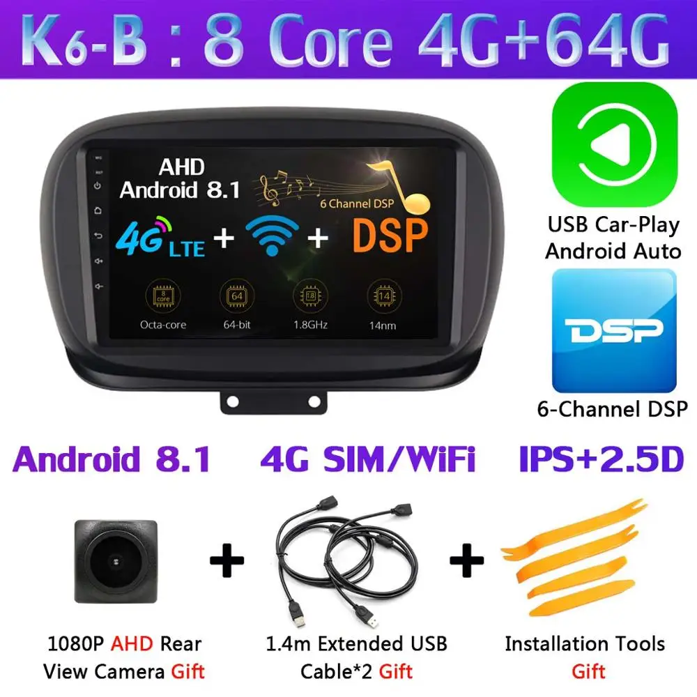 360 ° Панорамное 8 ядро 4G+ 64G Android 9,0 автомобильное мультимедийное радио для FIAT 500X- головное устройство gps навигация SPDIF DSP CarPlay - Цвет: K6-B-CarPlay