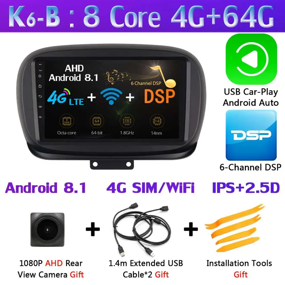 K6-B-CarPlay 360 ° Панорамное 8 ядро 4G+ 64G Android 9,0 автомобильное мультимедийное радио для FIAT 500X- головное устройство gps навигация SPDIF DSP CarPlay - Цвет: K6-B-CarPlay