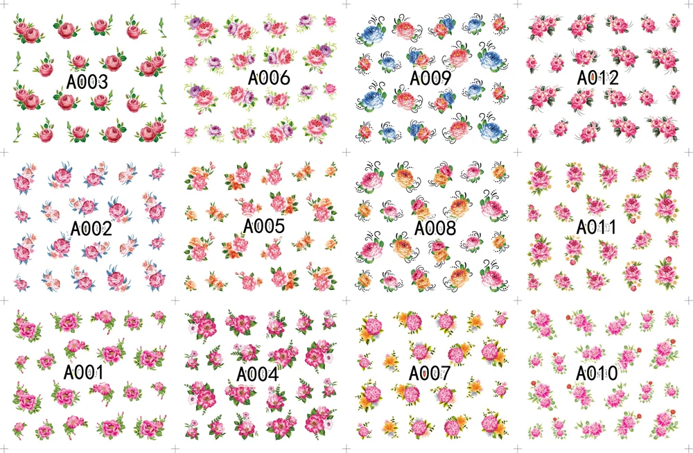 12 шт цветы наклейки для ногтей Водные Наклейки для ногтей 25X16 см Цветочные наклейки для ногтей-дизайны для ногтей татуировки гвоздь обертывания - Цвет: A01-012