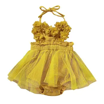 

Baby Girl Summer Spaghetti Strap Petals Lace Jumpsuit Pure Color Yarn Dress
