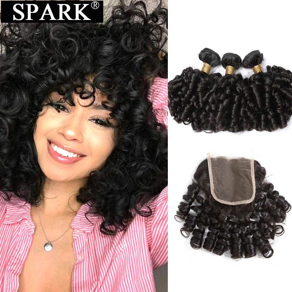 SPARK Brazilian Loose Bouncy Curly Natural Black 4x4 Closure Weave Extensions 100% Human Hair 2/3/4 Bundles With Closure Remy