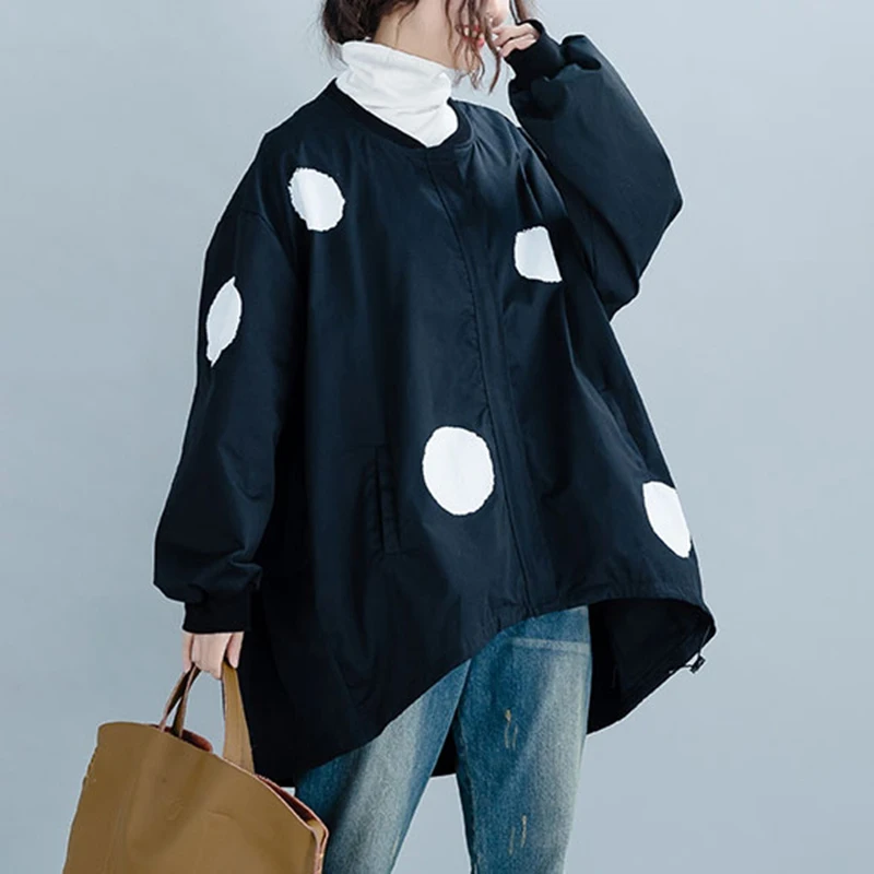 

Women Hoodies 2019 Autumn Sweatshirts female Jacket Coat Polka Dot Print Zipper Fly Side Pockets Low-high Ribbed Loose Outerwear