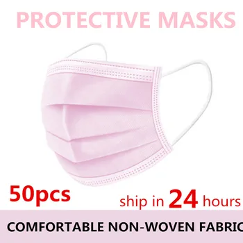 

50PC Mascarilla Facial Disposable Non-Woven 3 Layer Mouth Mask Pink Mouth Face Masks Meltblown Cloth Masks Earloops Masks Masque