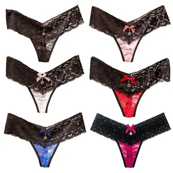 

Women Lingerie Sheer Contrast Color Floral Lace G-String Rhinestone Drop Thongs M7DD