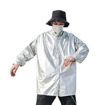 

Men Long Sleeve Tie Collar Shining Loose Silvery Shirt Male Streetwear Hip Hop Party Dress Shirt Coat Stage Costumes