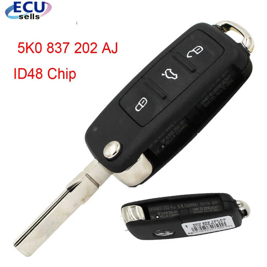 

Keyless Entry Fob 3 Button 434MHZ For VW FOR Volkswagen 5K0837202AJ 5K0 837 202 AJ With ID48 Chip