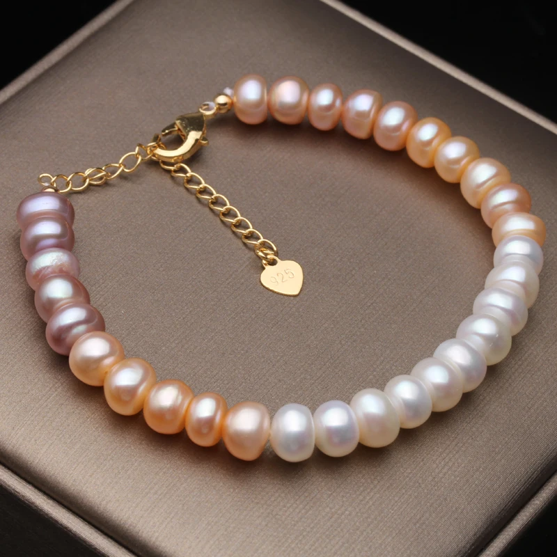 Fashion Natural Freshwater Pearl Bracelet For Women,Rainbow Gradient Pearl Strand Bracelet Wedding Girl Gifts