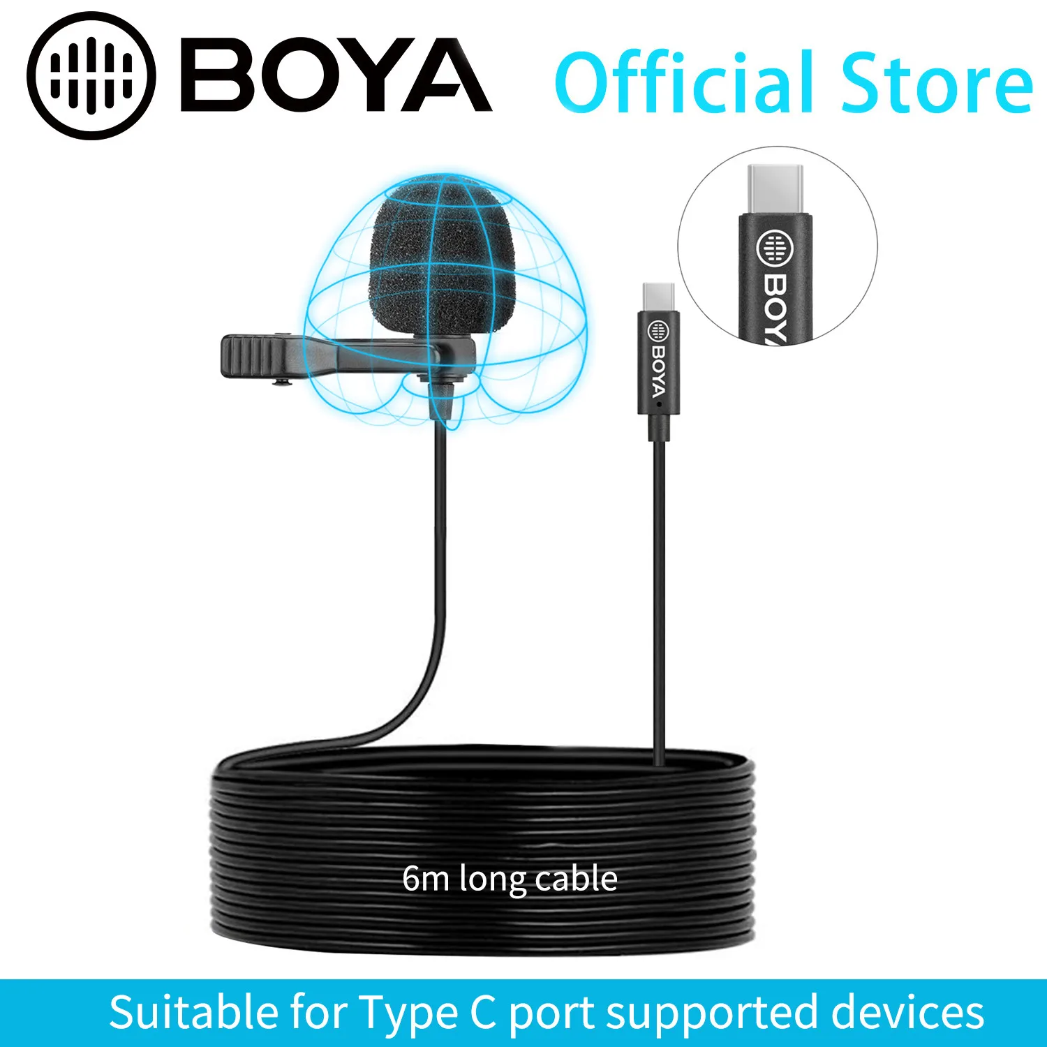 BOYA BY-M3 Digital Lavalier Lapel Microphone mini Mic Omnidirectional Single Head 6m Cable Compatible with USB Type-C Interface |